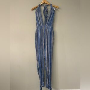 Darah Dahl Gauzy Open Back Striped Blue Halter Jumpsuit Size M